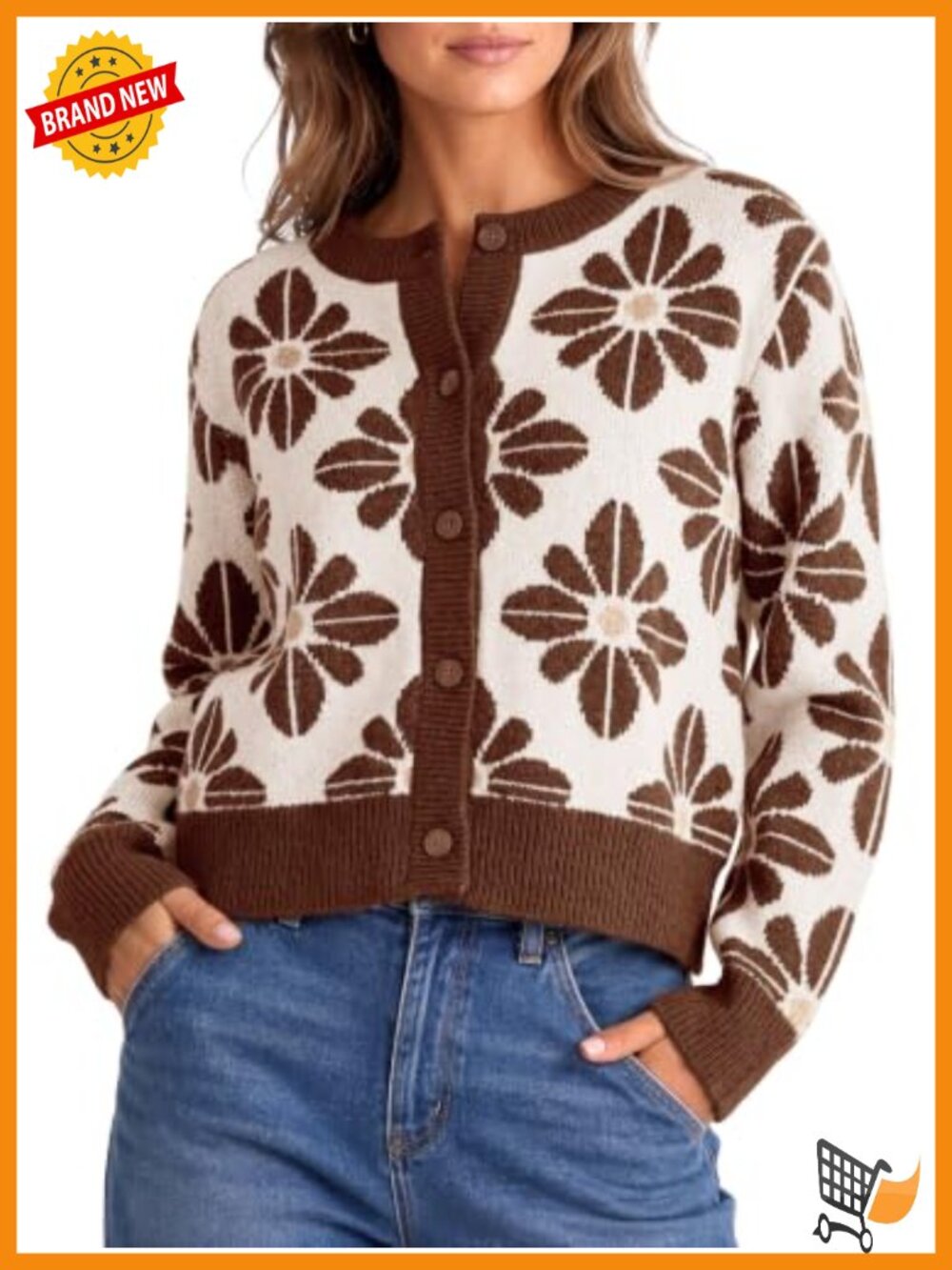 Womens Floral Button Up Cardigan Chunky Knit Crewneck Sweater Fall